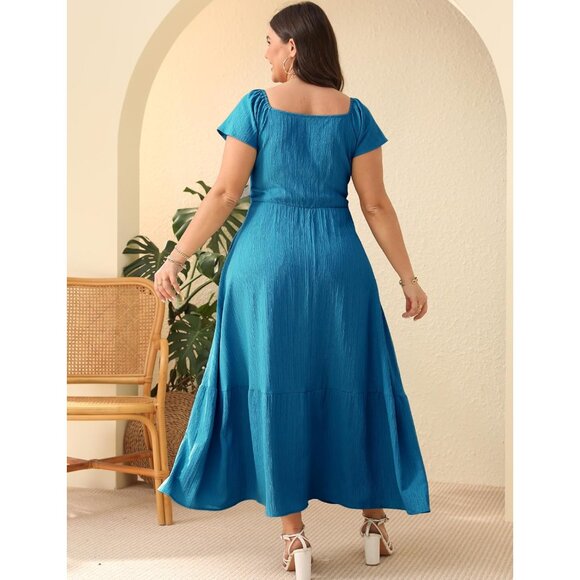 Plus Size Boho Maxi Dress Short Sleeves High Waist Ruffle Pockets Casual Summer - Picture 6 of 6